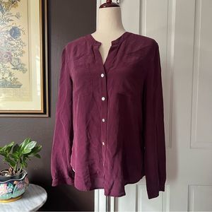 Max Studio Button Up Blouse 100% Silk Long Sleeve Back Pleat Line Maroon Large